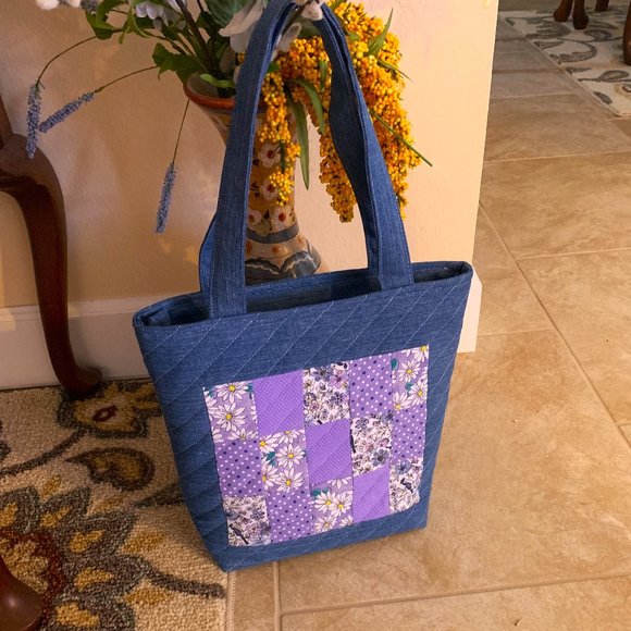 Handmade Denim and Lavender Floral Patchwork Quilted Tote Bag with Zip Closure - Picture 9 of 9